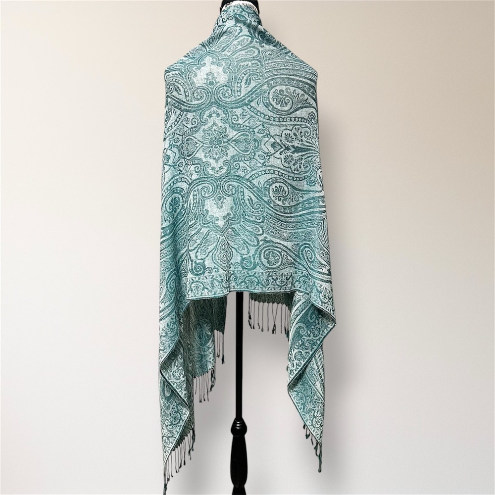 Pashmina Silk Teal Thread Paisley Shawl Wrap Scarf Fringe Boho Travel - Picture 8 of 11